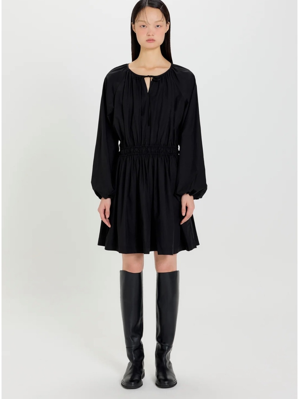Black Long-Sleeve Smocked Waist Mini Dress by